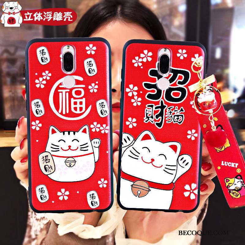 Huawei Mate 10 Lite Gaufrage Rouge Chat Coque De Téléphone Richesse Fluide Doux