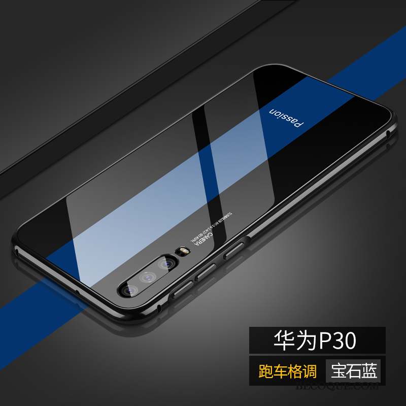 Huawei P30 Coque Bleu Tendance Luxe Incassable Border Métal
