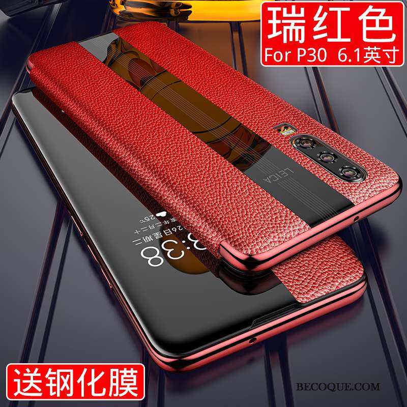 Huawei P30 Coque Tout Compris Protection Cuir Véritable Rouge Clamshell Incassable
