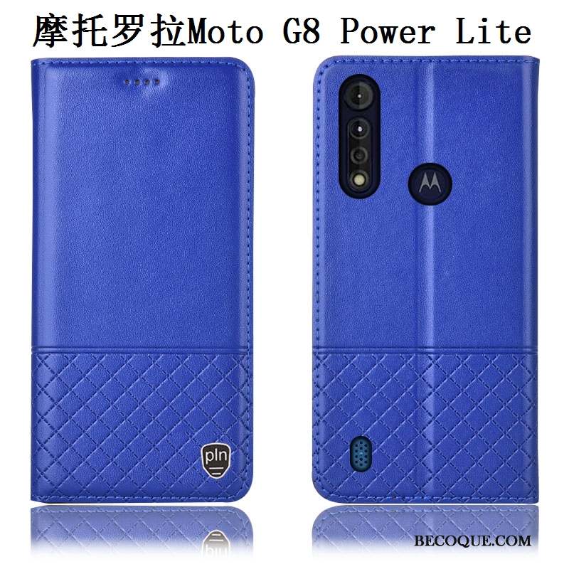 Moto G8 Power Lite Incassable Cuir Véritable Tout Compris Bleu Coque De Téléphone Étui