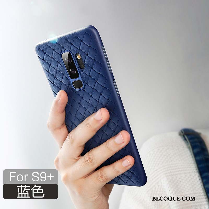 Samsung Galaxy S9+ Coque Cuir Protection Incassable Modèle Fleurie Bleu Tissage