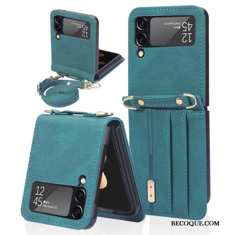 Coque Samsung Galaxy Z Flip 3 5G Style Cuir Porte-Cartes et Lanière