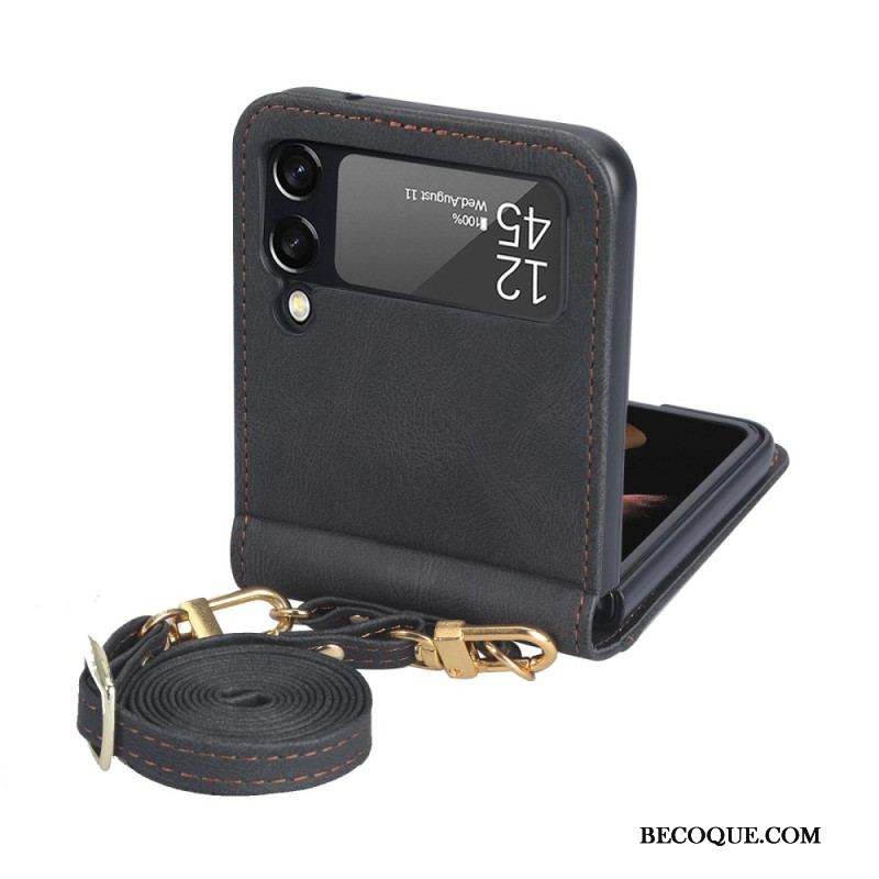 Coque Samsung Galaxy Z Flip 4 Effet Cuir Couture et bandoulière