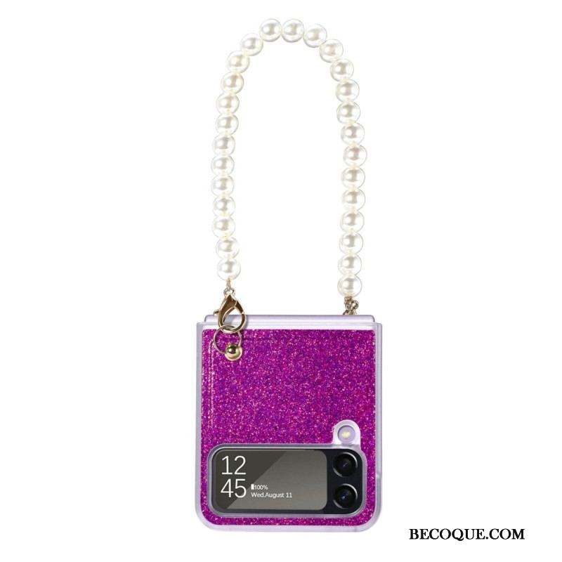 Coque Samsung Galaxy Z Flip 4 Paillettes Lanière en Perles