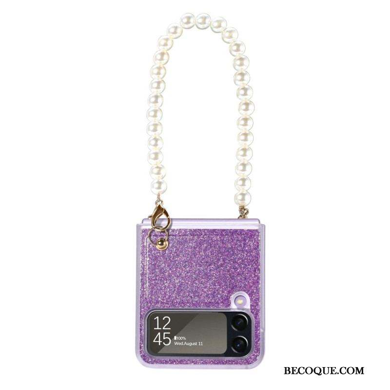 Coque Samsung Galaxy Z Flip 4 Paillettes Lanière en Perles