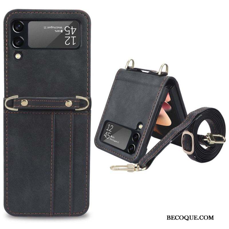 Coque Samsung Galaxy Z Flip 4 Style Cuir Porte-Cartes et Lanière