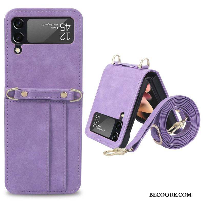 Coque Samsung Galaxy Z Flip 4 Style Cuir Porte-Cartes et Lanière