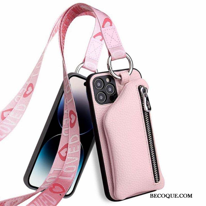 Coque iPhone 14 Pro Max Porte Monnaie et Lanière