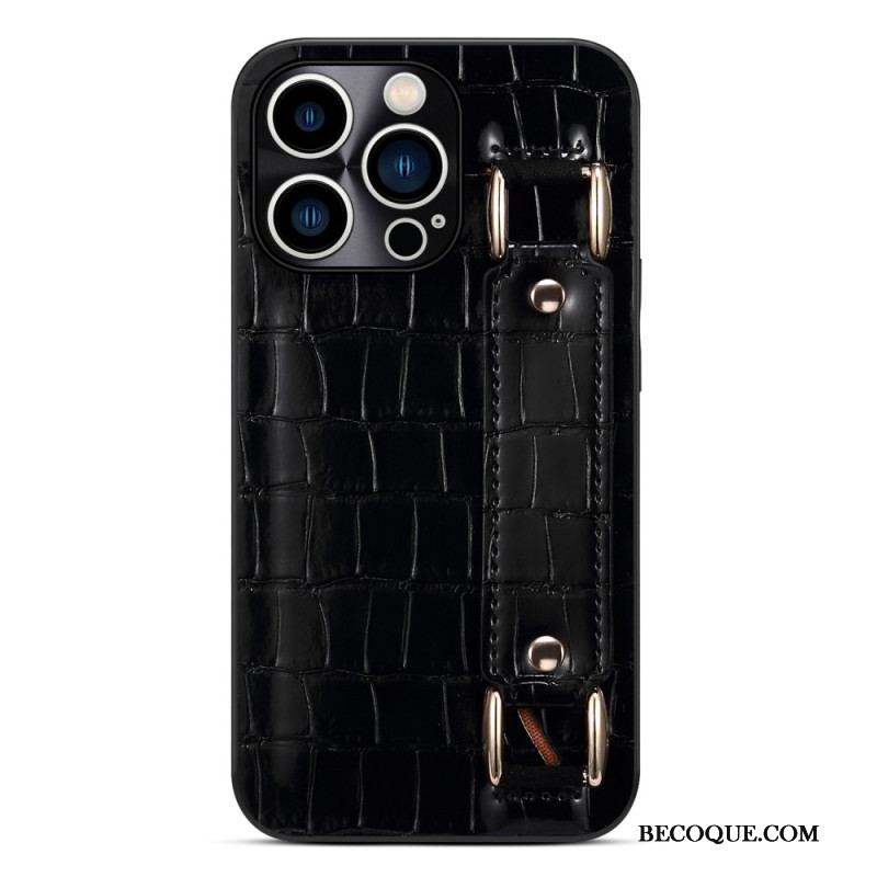 Coque iPhone 14 Pro Porte-Carte avec Sangle Support Croco