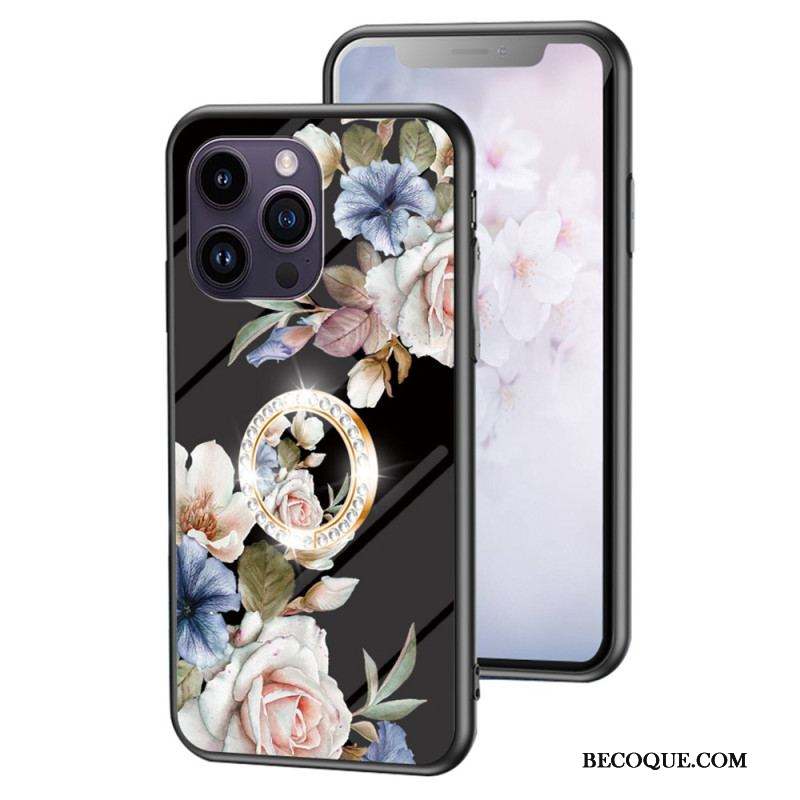 Coque iPhone 15 Pro Max Verre Trempé Floral avec Anneau-Support