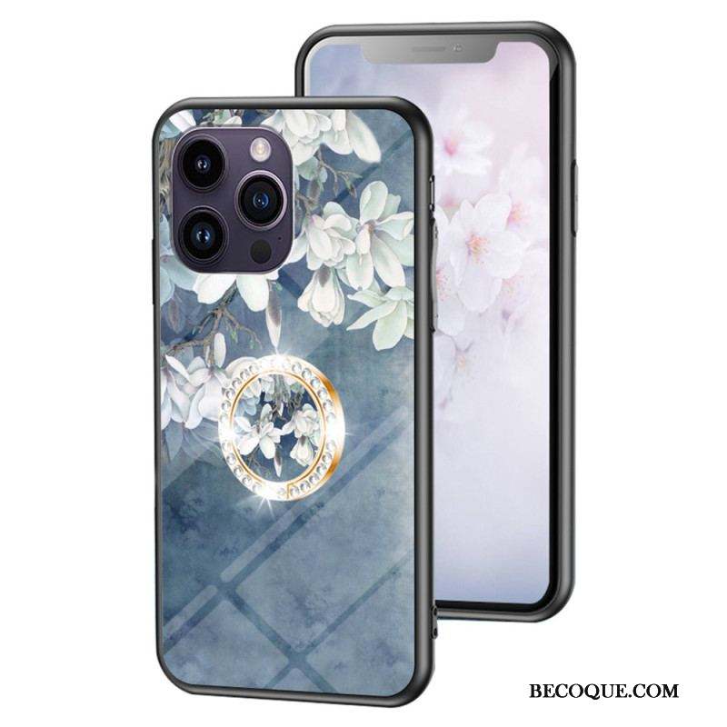 Coque iPhone 15 Pro Max Verre Trempé Floral avec Anneau-Support