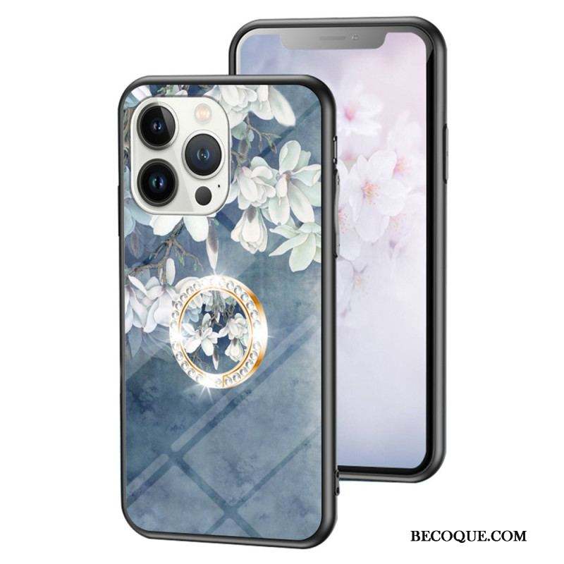 Coque iPhone 15 Pro Verre Trempé Floral avec Anneau-Support