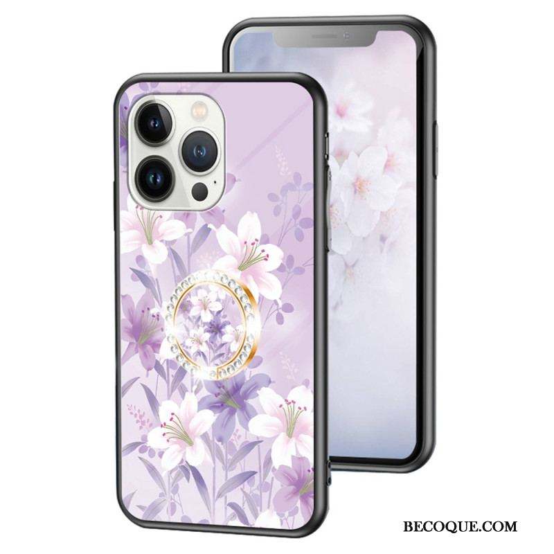 Coque iPhone 15 Pro Verre Trempé Floral avec Anneau-Support