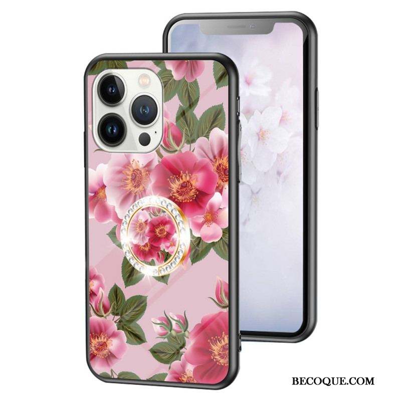 Coque iPhone 15 Pro Verre Trempé Floral avec Anneau-Support