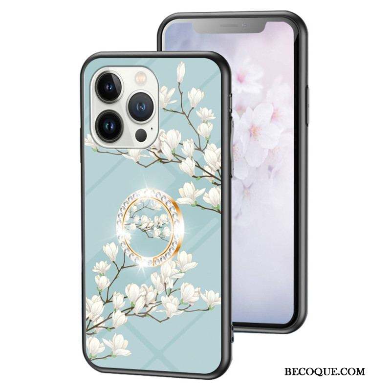 Coque iPhone 15 Pro Verre Trempé Floral avec Anneau-Support