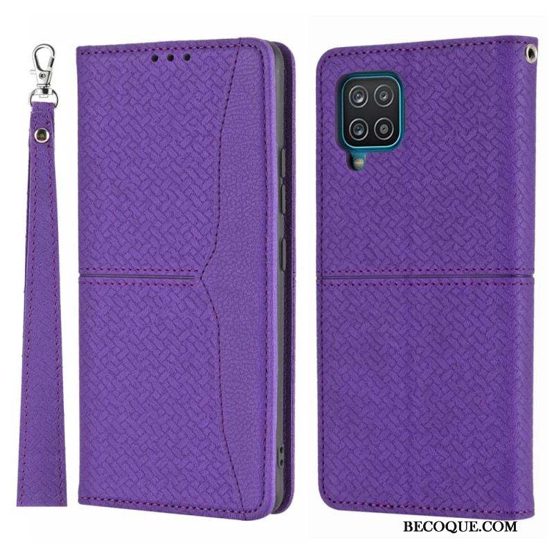 Flip Cover Samsung Galaxy A12 / M12 Style Cuir Tissée à Lanière