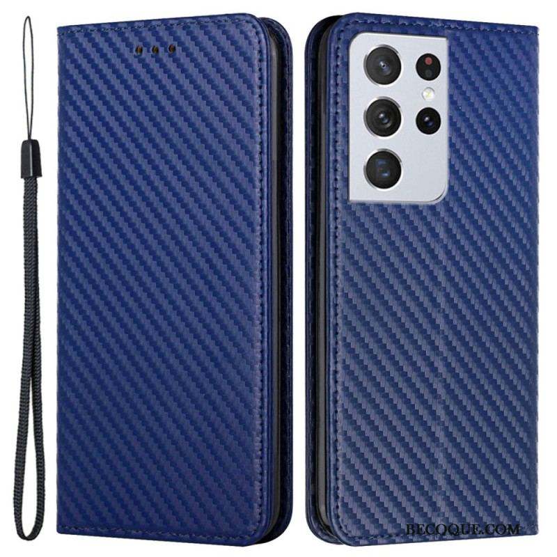 Flip Cover Samsung Galaxy S21 Ultra 5G Fibre Carbone à Lanière