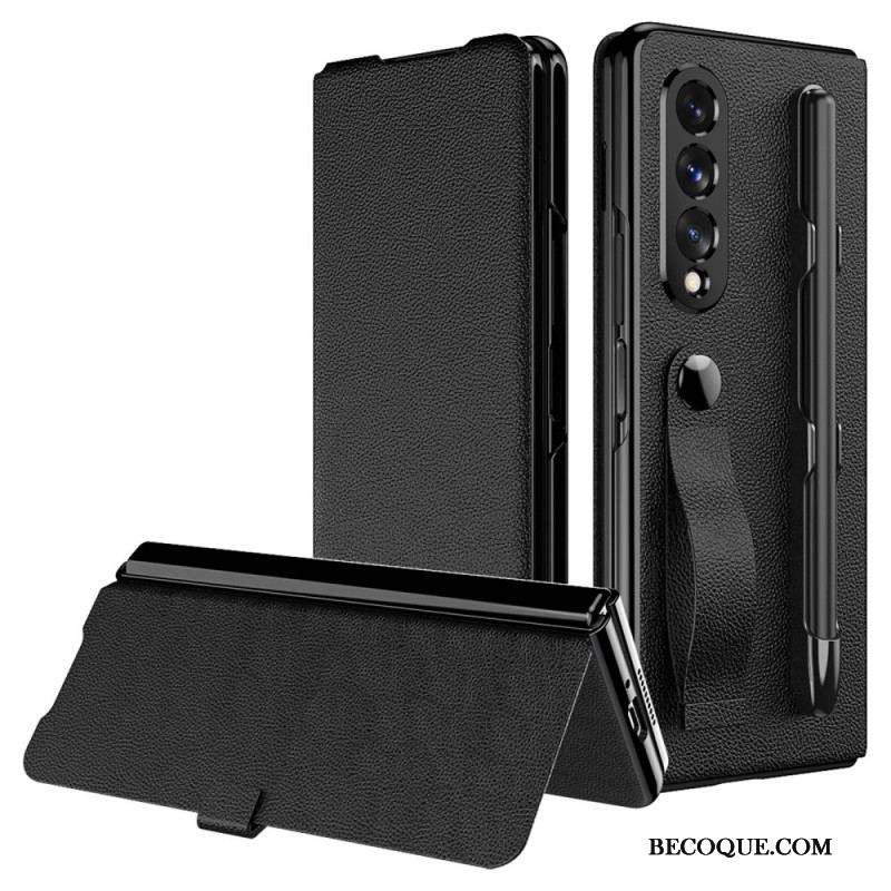 Flip Cover Samsung Galaxy Z Fold 3 5G Style Cuir Litchi Porte-Stylet et Sangle