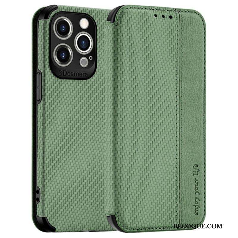 Flip Cover iPhone 14 Pro Fibre Carbone Fermoir Ventouse