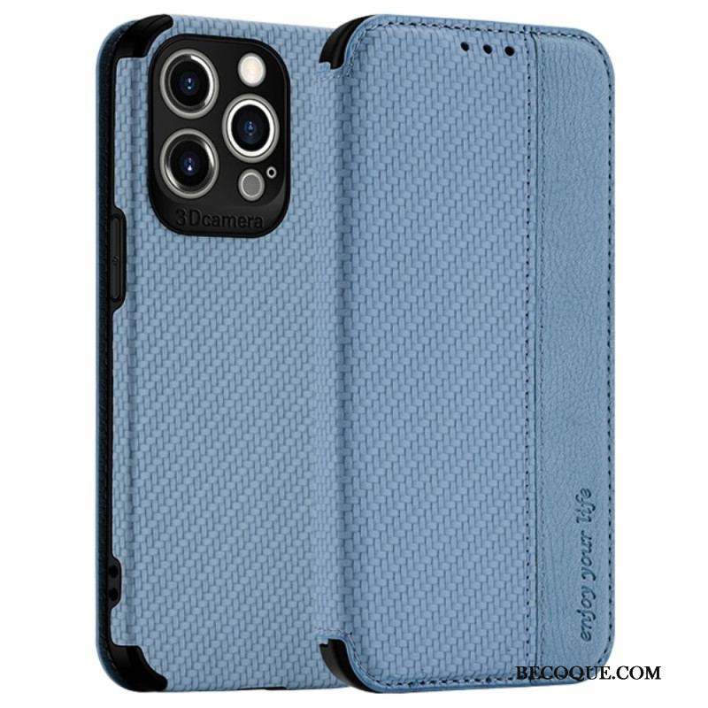 Flip Cover iPhone 14 Pro Max Fibre Carbone Fermoir Ventouse