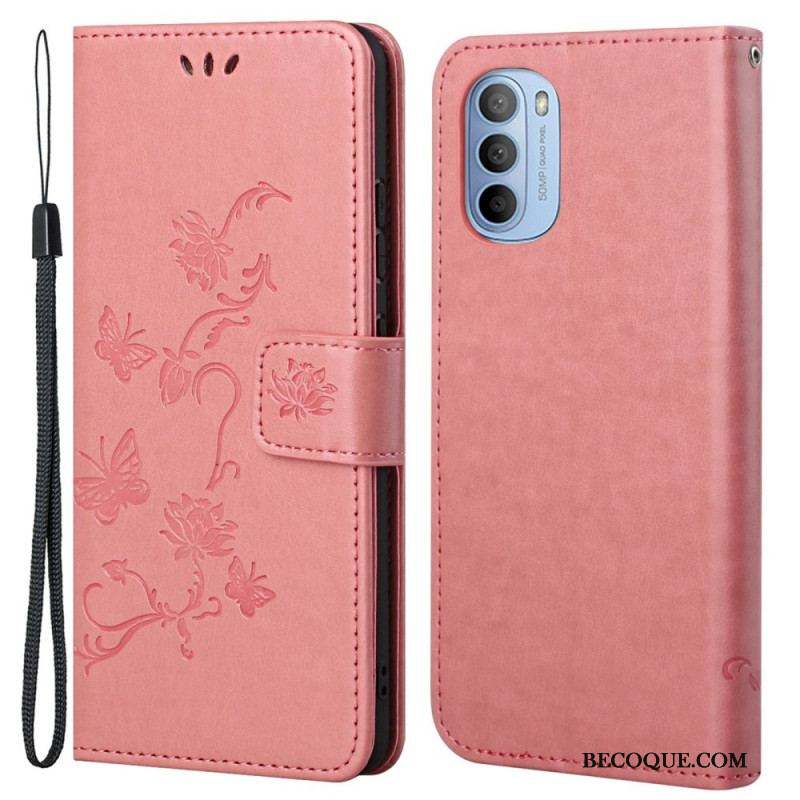 Housse Moto G41 / G31 Papillons et Fleurs à Lanière