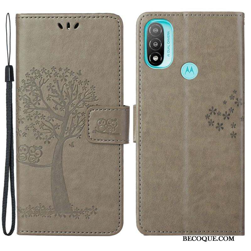 Housse Moto G71 5G Arbre et Hiboux à Lanière