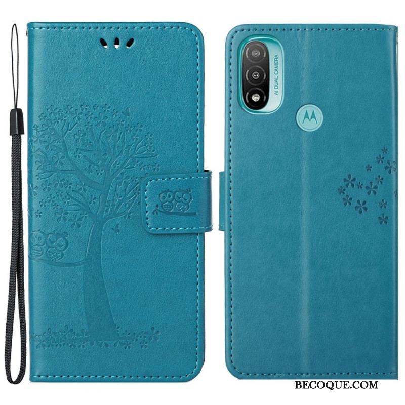 Housse Moto G71 5G Arbre et Hiboux à Lanière