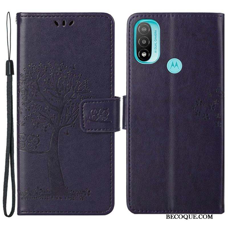 Housse Moto G71 5G Arbre et Hiboux à Lanière