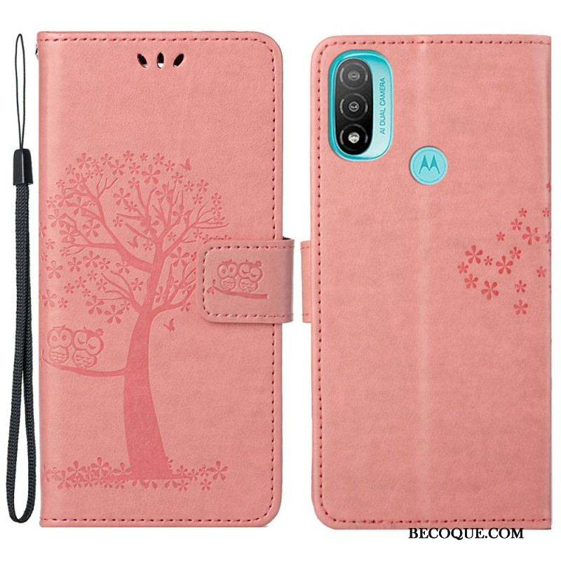 Housse Moto G71 5G Arbre et Hiboux à Lanière