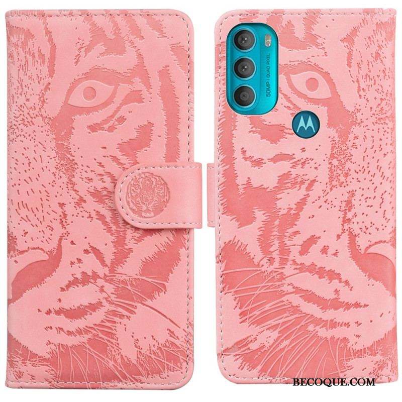 Housse Moto G71 5G Empreinte Face de Tigre