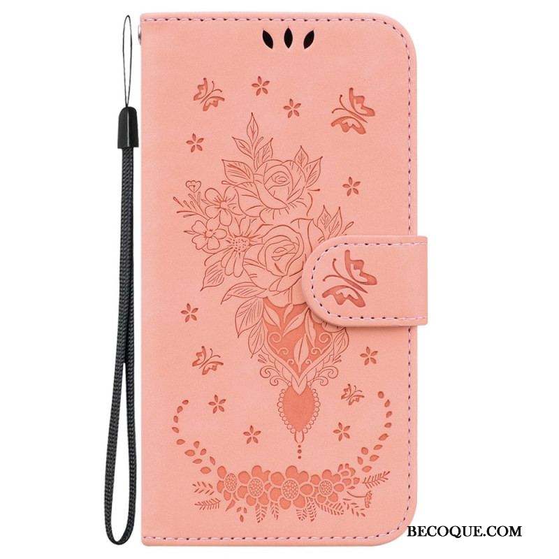 Housse Moto G73 5G Roses et Papillons à Lanière