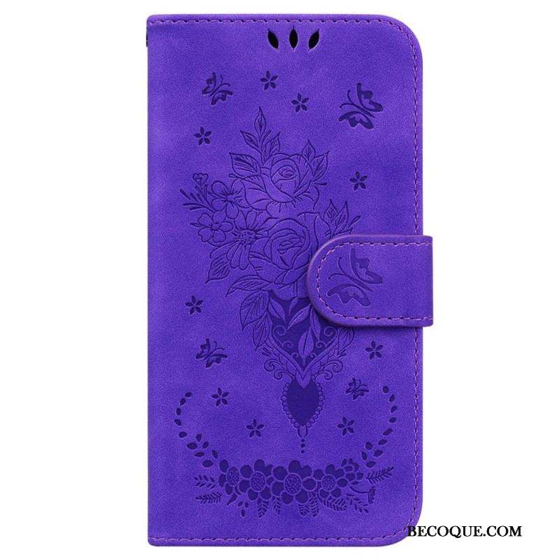 Housse Samsung Galaxy M13 Roses et Papillons à Lanière