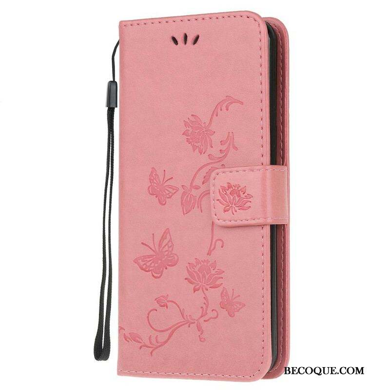 Housse Samsung Galaxy M21 Papillons Et Fleurs À Lanière