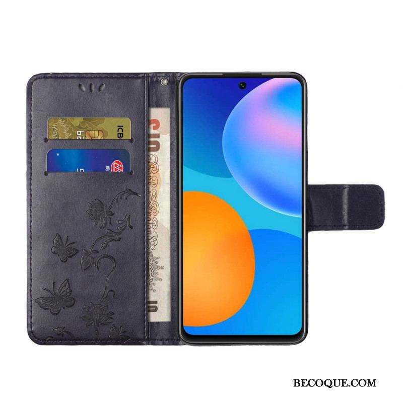 Housse Samsung Galaxy M52 5G Papillons et Fleurs à Lanière