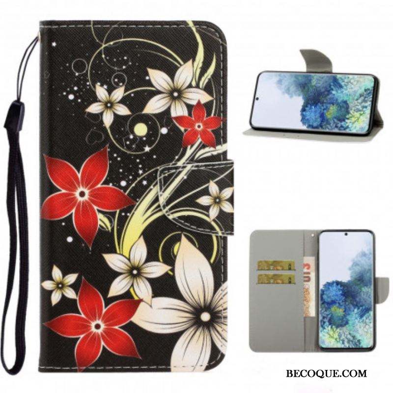 Housse Samsung Galaxy S21 Ultra 5G Fleurs Colorées à Lanière