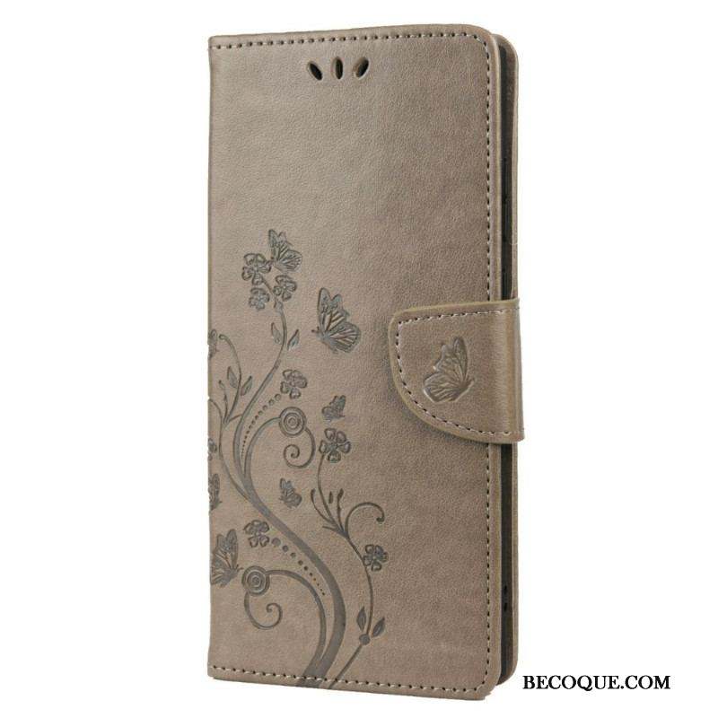 Housse Samsung Galaxy S22 Ultra 5G Papillons Et Fleurs avec Lanière