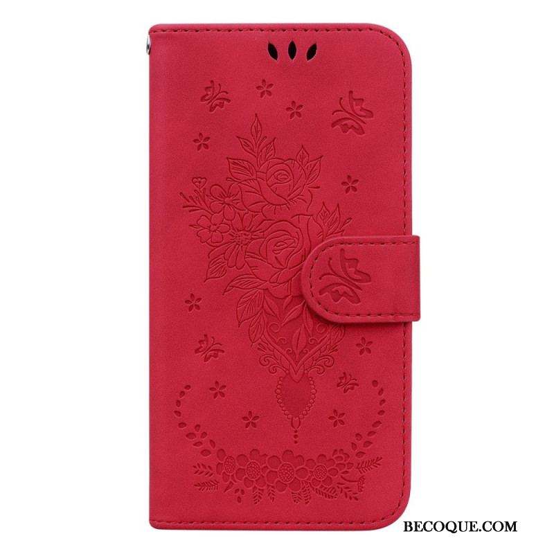 Housse Samsung Galaxy S23 5G Roses et Papillons à Lanière