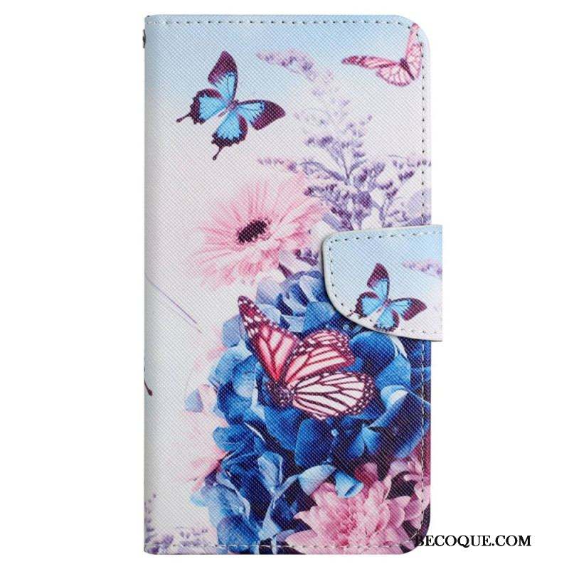 Housse Xiaomi 12T / 12T Pro Papillons aux Fleurs avec Lanière