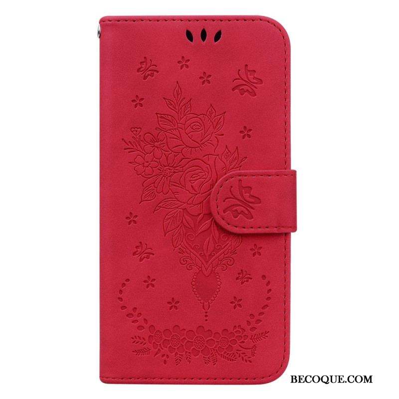 Housse Xiaomi Redmi Note 12 4G Roses et Papillons à Lanière