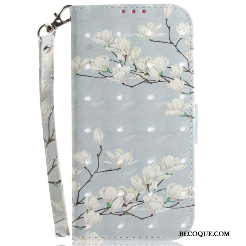 Housse Xiaomi Redmi Note 12/Poco X5 5G Fleurs Blanches à Lanière