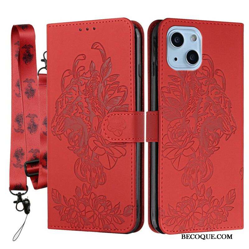 Housse iPhone 13 Mini Tigre Baroque à Lanière