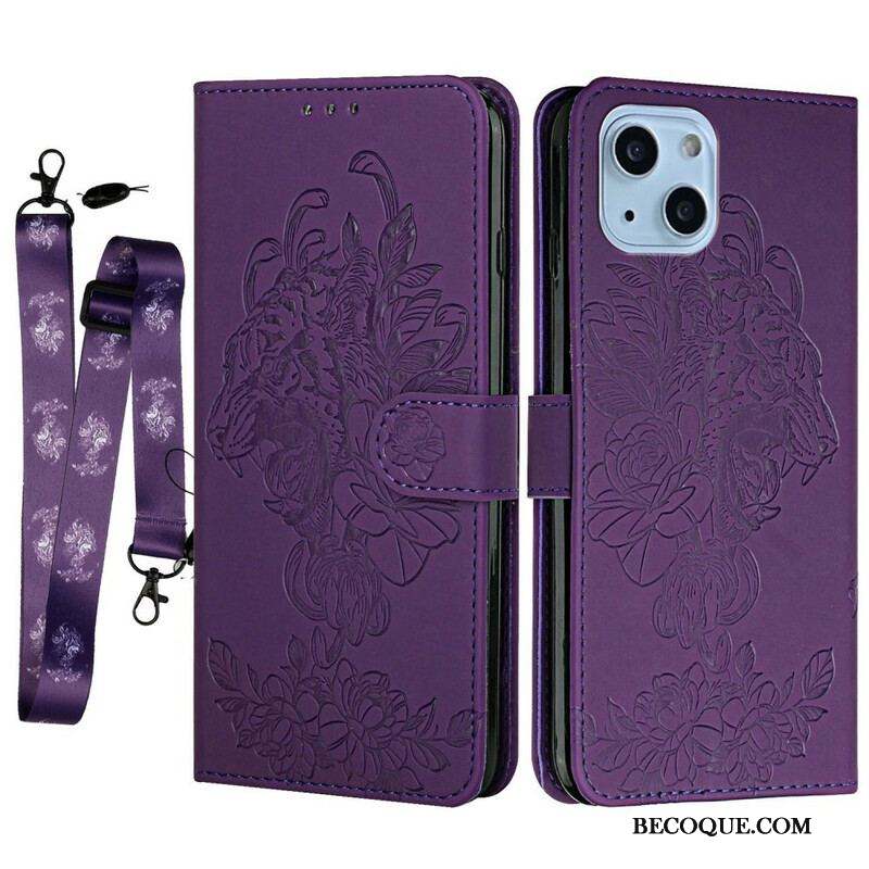 Housse iPhone 13 Mini Tigre Baroque à Lanière