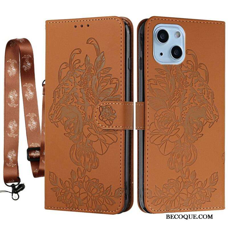 Housse iPhone 13 Mini Tigre Baroque à Lanière