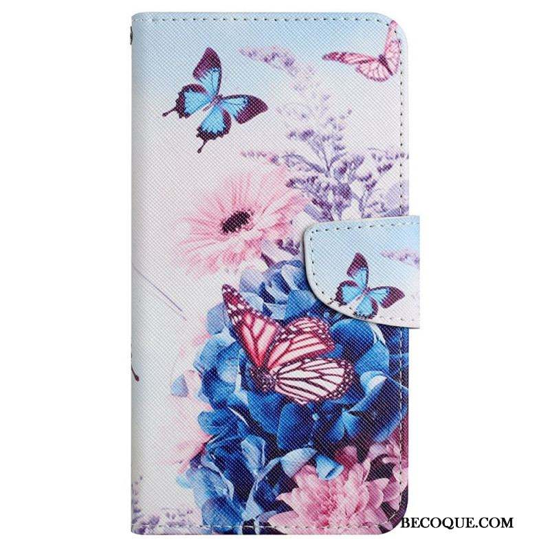 Housse iPhone 15 Papillons et Fleurs à Lanière