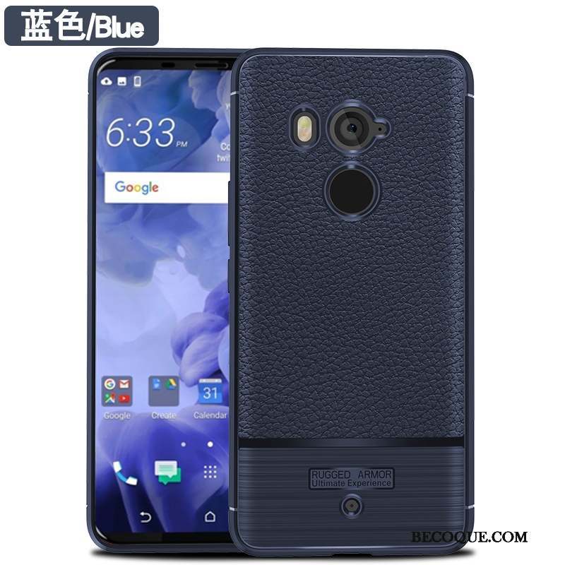 Htc U11+ Coque Tendance Silicone Fibre Étui Bleu Cuir