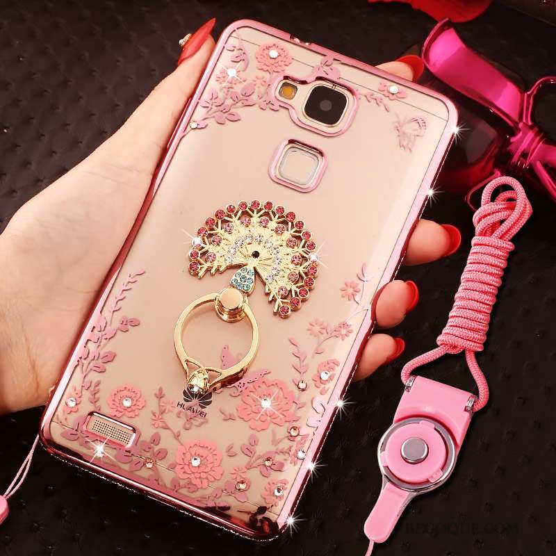 Huawei Ascend Mate 7 Coque Anneau Rose Strass Silicone Tout Compris Ornements Suspendus