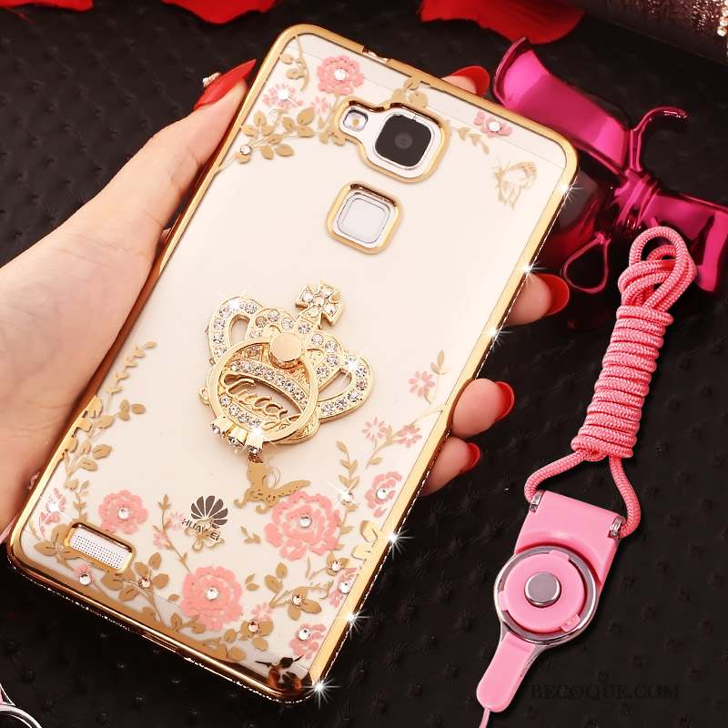 Huawei Ascend Mate 7 Coque Anneau Rose Strass Silicone Tout Compris Ornements Suspendus