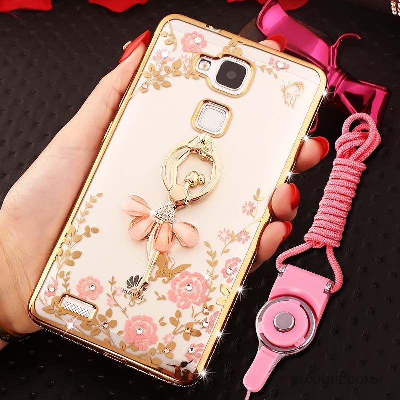 Huawei Ascend Mate 7 Coque Anneau Rose Strass Silicone Tout Compris Ornements Suspendus