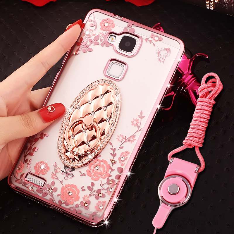 Huawei Ascend Mate 7 Coque Anneau Rose Strass Silicone Tout Compris Ornements Suspendus