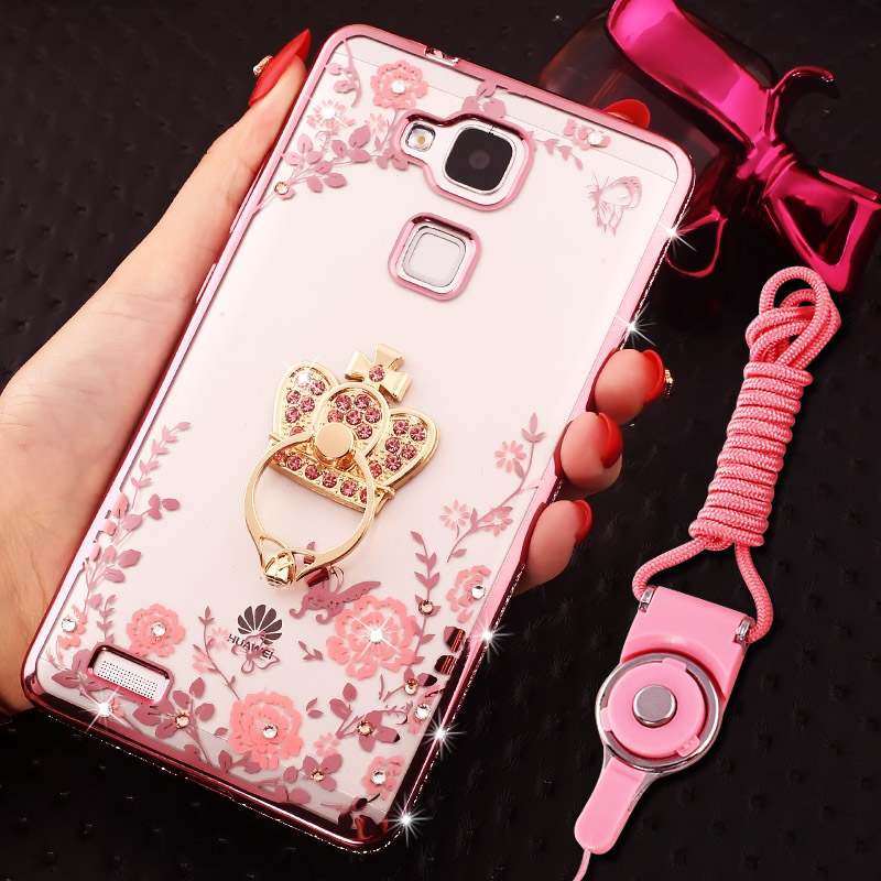 Huawei Ascend Mate 7 Coque Anneau Rose Strass Silicone Tout Compris Ornements Suspendus